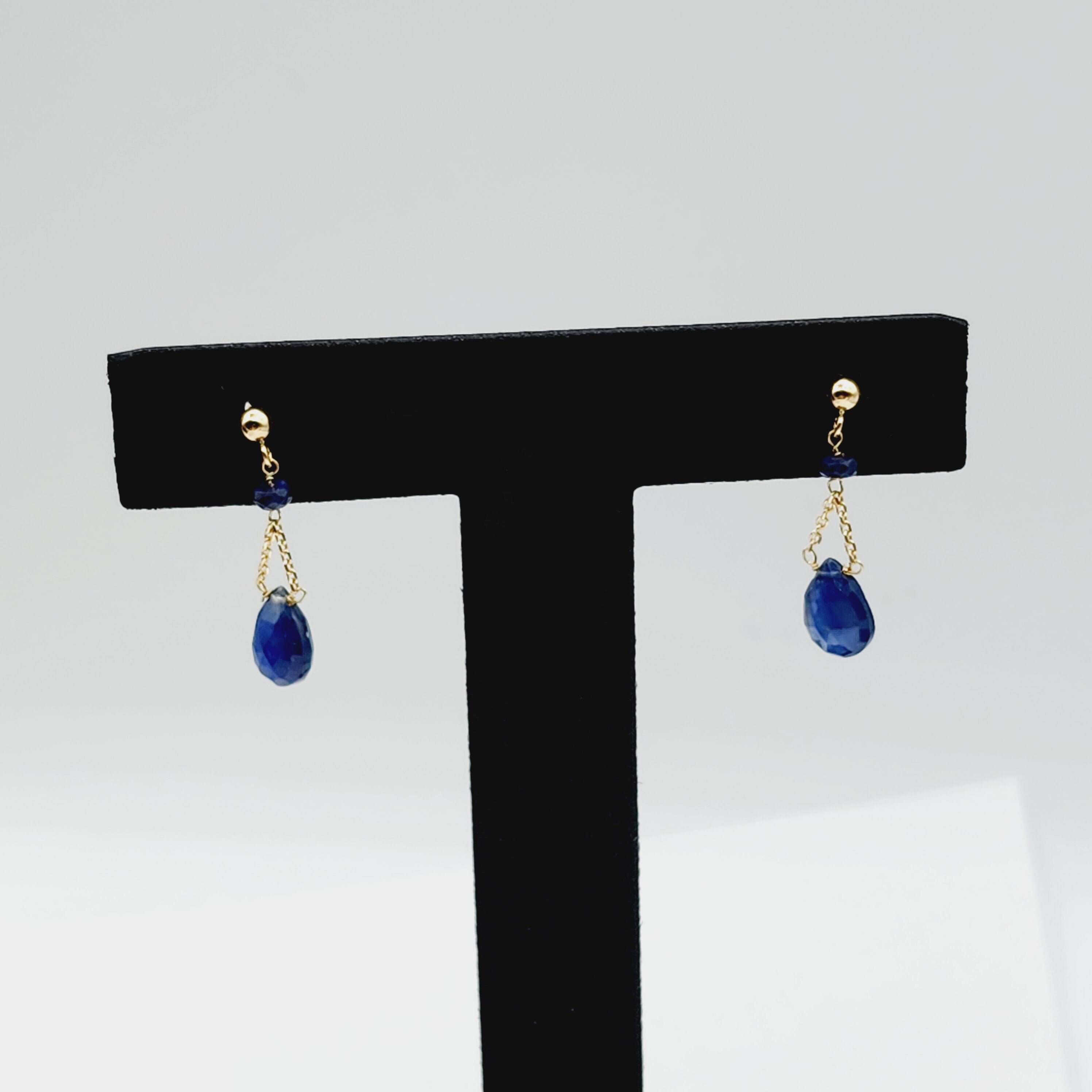 Gold Natural Blue Sapphire Earrings, 14K Yellow Gold Natural Blue Sapphire 3cts Drop Earrings for Women, September Birthstone Gift Idea