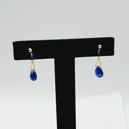 Gold Natural Blue Sapphire Earrings, 14K Yellow Gold Natural Blue Sapphire 3cts Drop Earrings for Women, September Birthstone Gift Idea