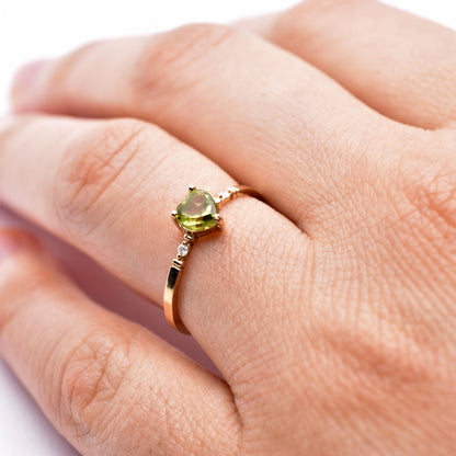 Gold Peridot Ring, 10K Yellow Gold Natural Heart Shape Peridot 5x5mm and Diamonds Ring, August Birthstone, Peridot Jewelry, Ring for her