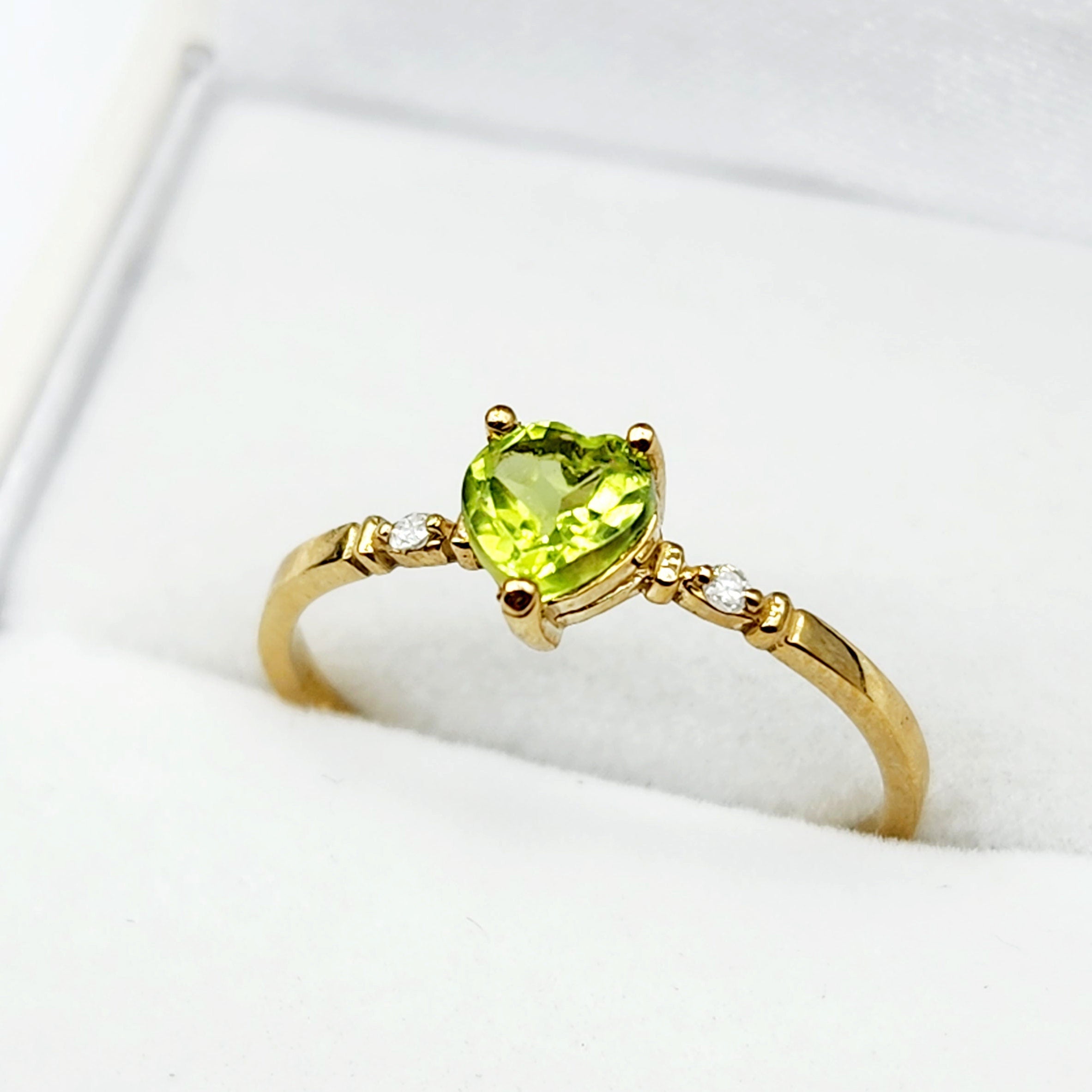 Gold Peridot Ring, 10K Yellow Gold Natural Heart Shape Peridot 5x5mm and Diamonds Ring, August Birthstone, Peridot Jewelry, Ring for her