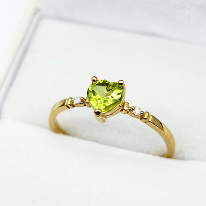 Gold Peridot Ring, 10K Yellow Gold Natural Heart Shape Peridot 5x5mm and Diamonds Ring, August Birthstone, Peridot Jewelry, Ring for her