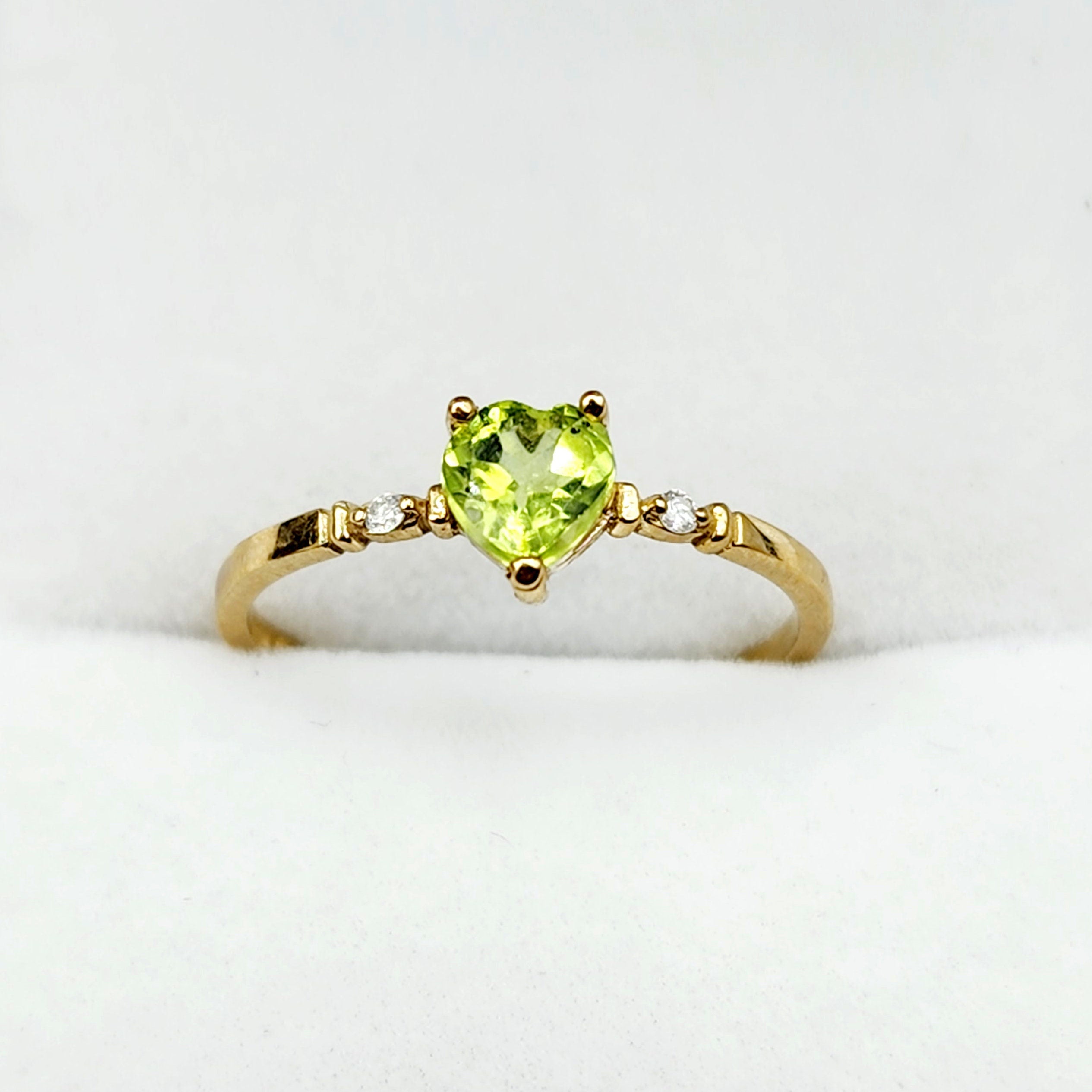 Gold Peridot Ring, 10K Yellow Gold Natural Heart Shape Peridot 5x5mm and Diamonds Ring, August Birthstone, Peridot Jewelry, Ring for her