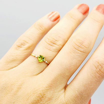 Gold Peridot Ring, 10K Yellow Gold Natural Heart Shape Peridot 5x5mm and Diamonds Ring, August Birthstone, Peridot Jewelry, Ring for her