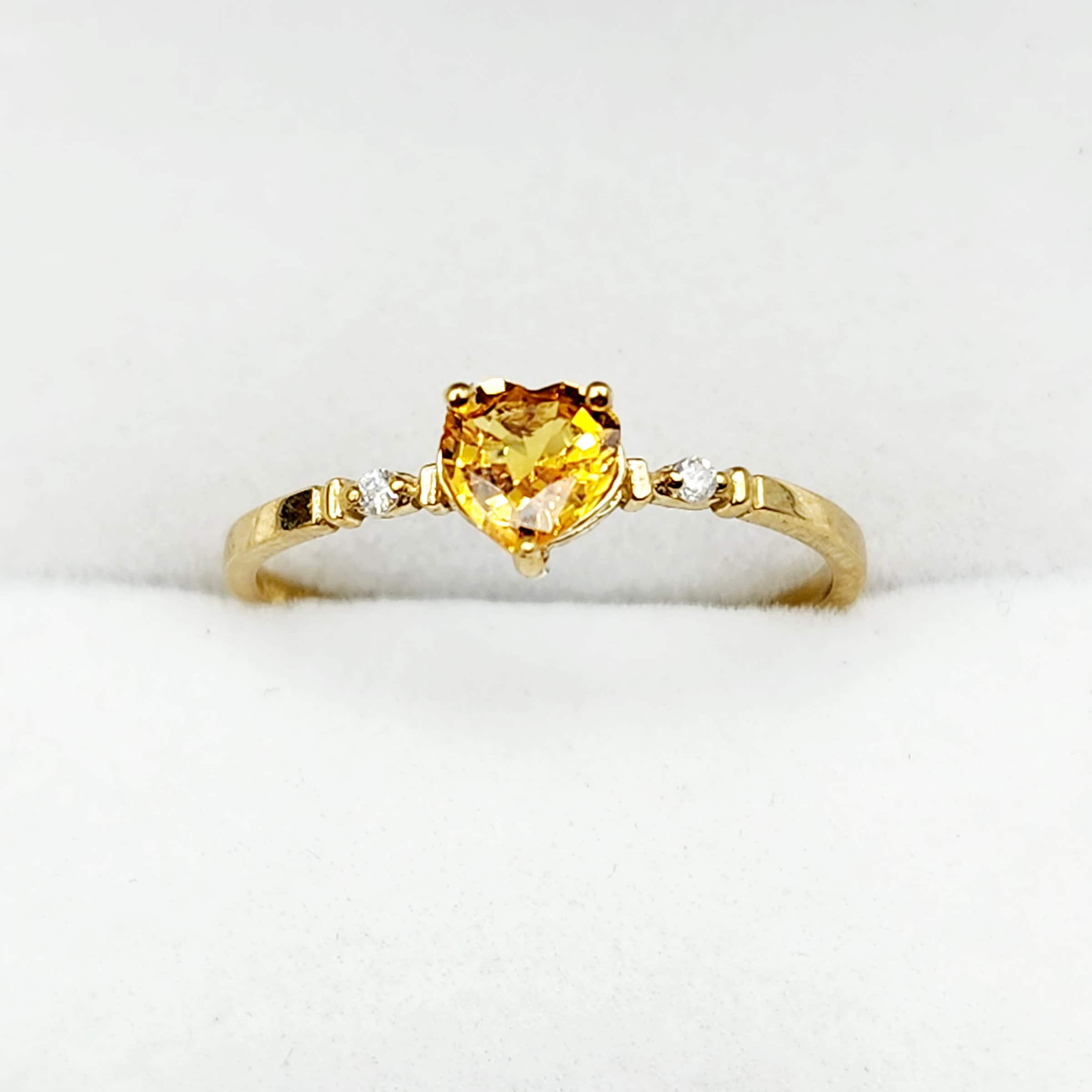 Gold Yellow Sapphire Ring, 10K Yellow Gold Natural Yellow Sapphire Heart Shaped 5x5mm with Diamonds Ring for Women, Gemstone Ring for Her