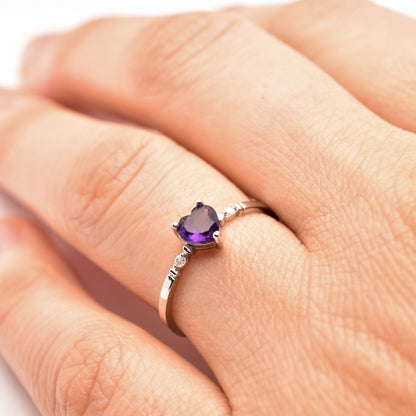 Gold Amethyst Ring, 10K White Gold Genuine Heart Shape Amethyst 5x5mm and Diamond Ring, February Birthstone, Purple Gemstone, Handmade Ring