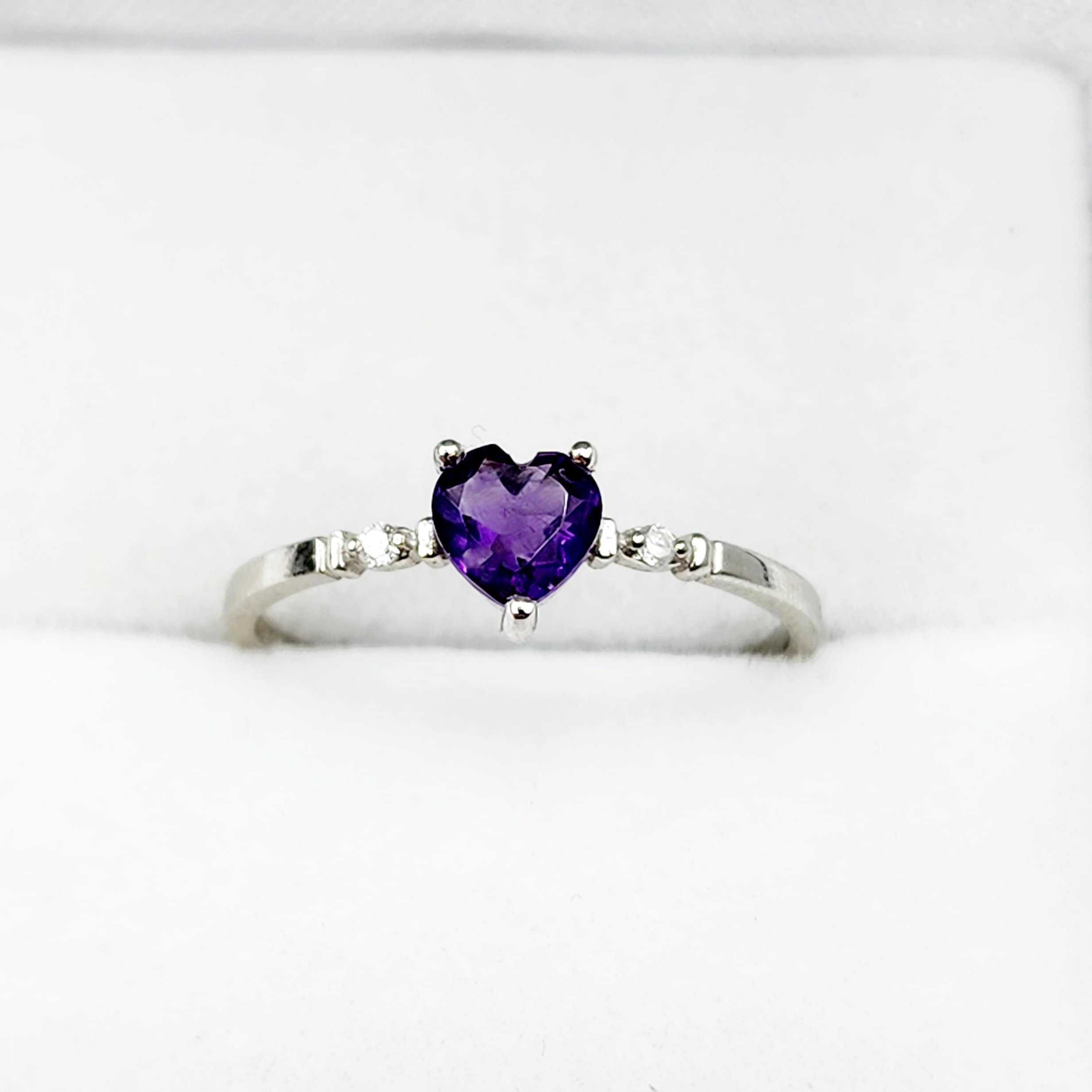 Gold Amethyst Ring, 10K White Gold Genuine Heart Shape Amethyst 5x5mm and Diamond Ring, February Birthstone, Purple Gemstone, Handmade Ring