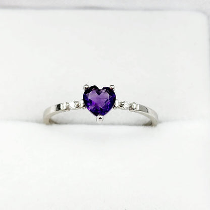 Gold Amethyst Ring, 10K White Gold Genuine Heart Shape Amethyst 5x5mm and Diamond Ring, February Birthstone, Purple Gemstone, Handmade Ring