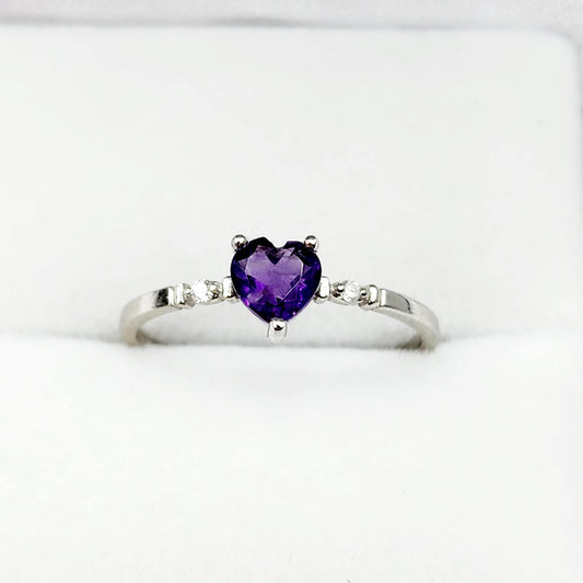 Gold Amethyst Ring, 10K White Gold Genuine Heart Shape Amethyst 5x5mm and Diamond Ring, February Birthstone, Purple Gemstone, Handmade Ring