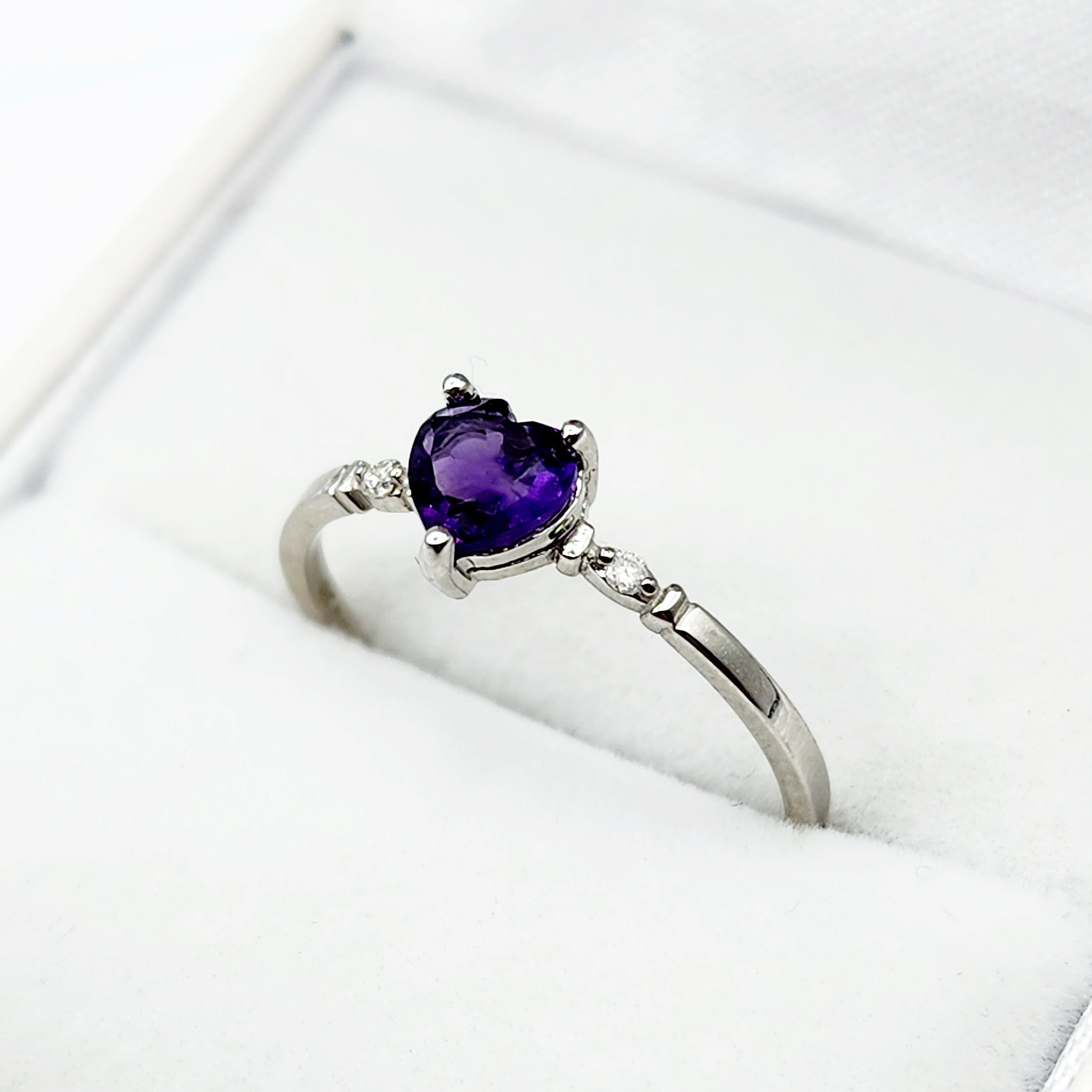 Gold Amethyst Ring, 10K White Gold Genuine Heart Shape Amethyst 5x5mm and Diamond Ring, February Birthstone, Purple Gemstone, Handmade Ring