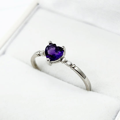 Gold Amethyst Ring, 10K White Gold Genuine Heart Shape Amethyst 5x5mm and Diamond Ring, February Birthstone, Purple Gemstone, Handmade Ring