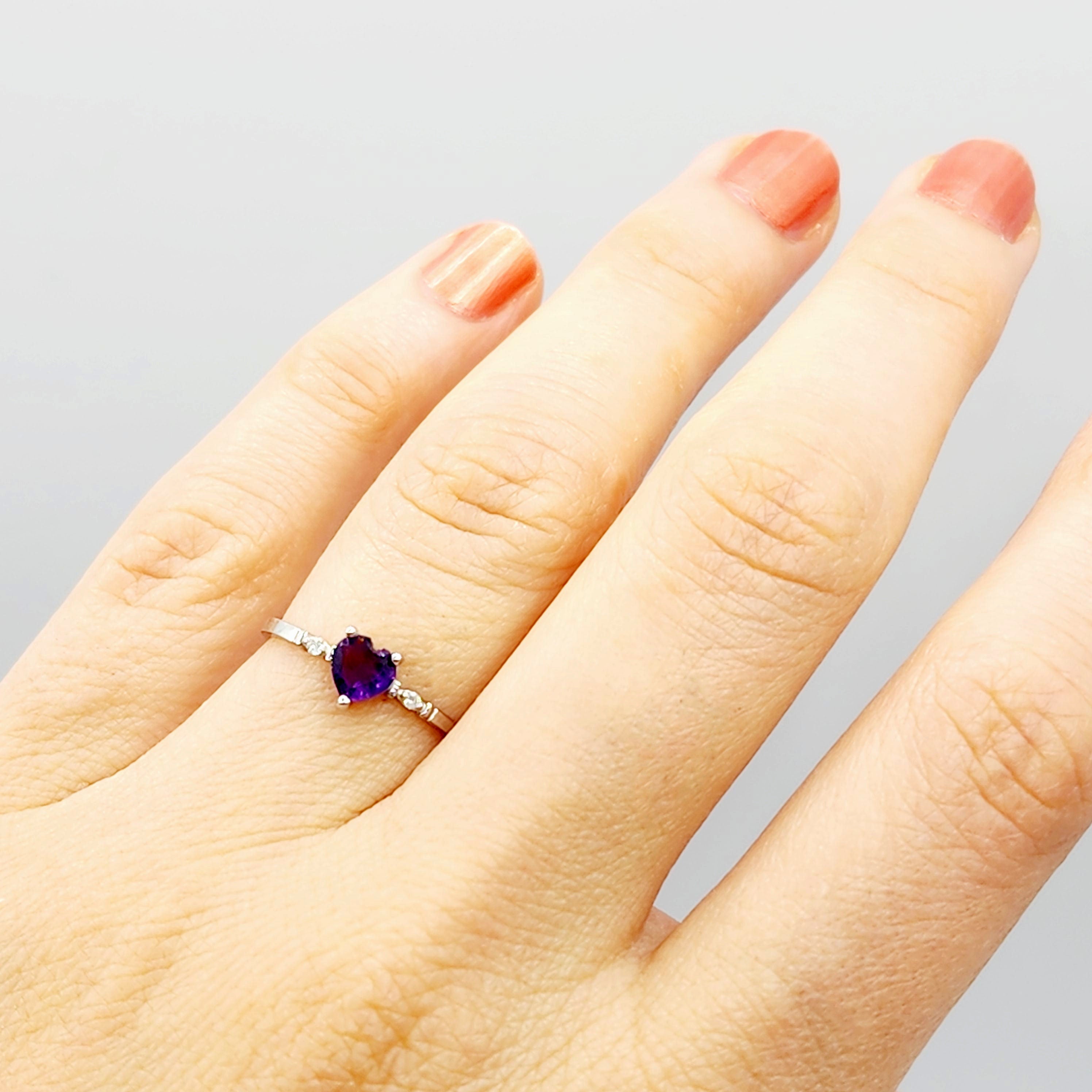 Gold Amethyst Ring, 10K White Gold Genuine Heart Shape Amethyst 5x5mm and Diamond Ring, February Birthstone, Purple Gemstone, Handmade Ring