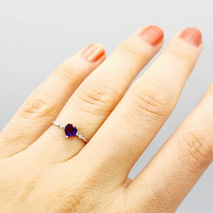 Gold Amethyst Ring, 10K White Gold Genuine Heart Shape Amethyst 5x5mm and Diamond Ring, February Birthstone, Purple Gemstone, Handmade Ring