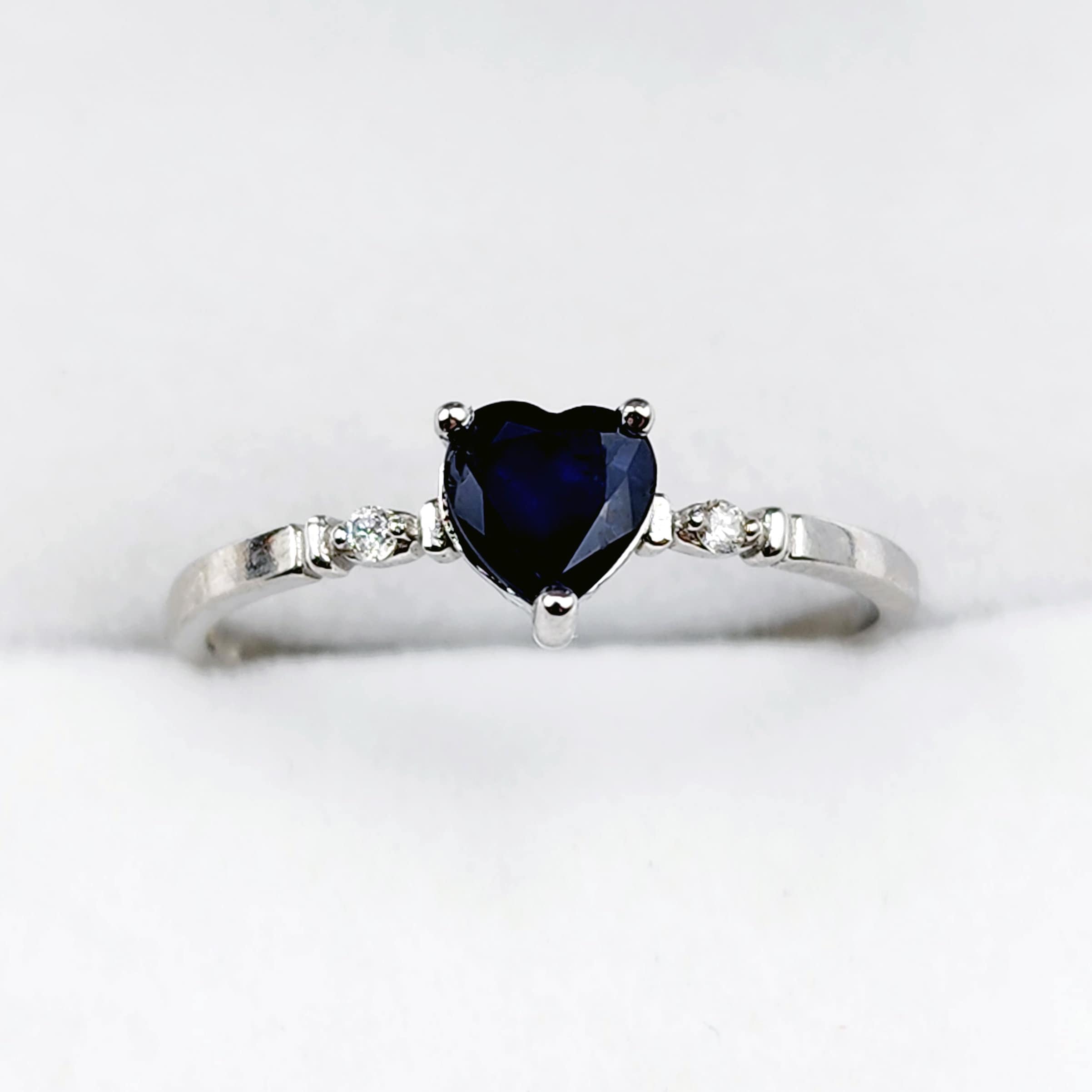 Gold Blue Sapphire Ring, 10K White Gold Heart Shape Natural Blue Sapphire With Diamond Ring, September Birthstone Ring for Women