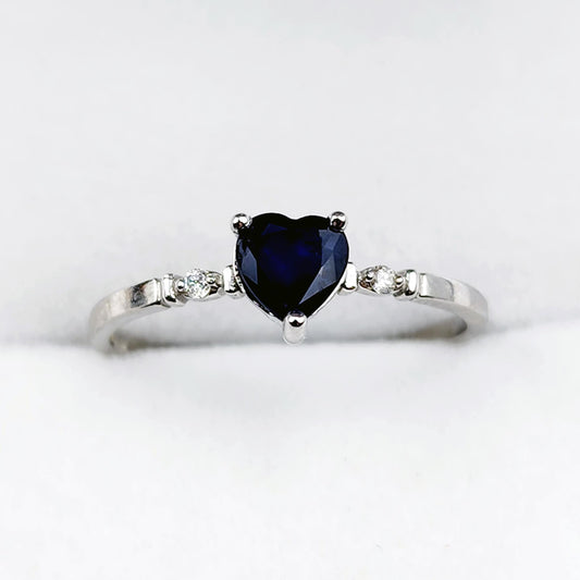 Gold Blue Sapphire Ring, 10K White Gold Heart Shape Natural Blue Sapphire With Diamond Ring, September Birthstone Ring for Women