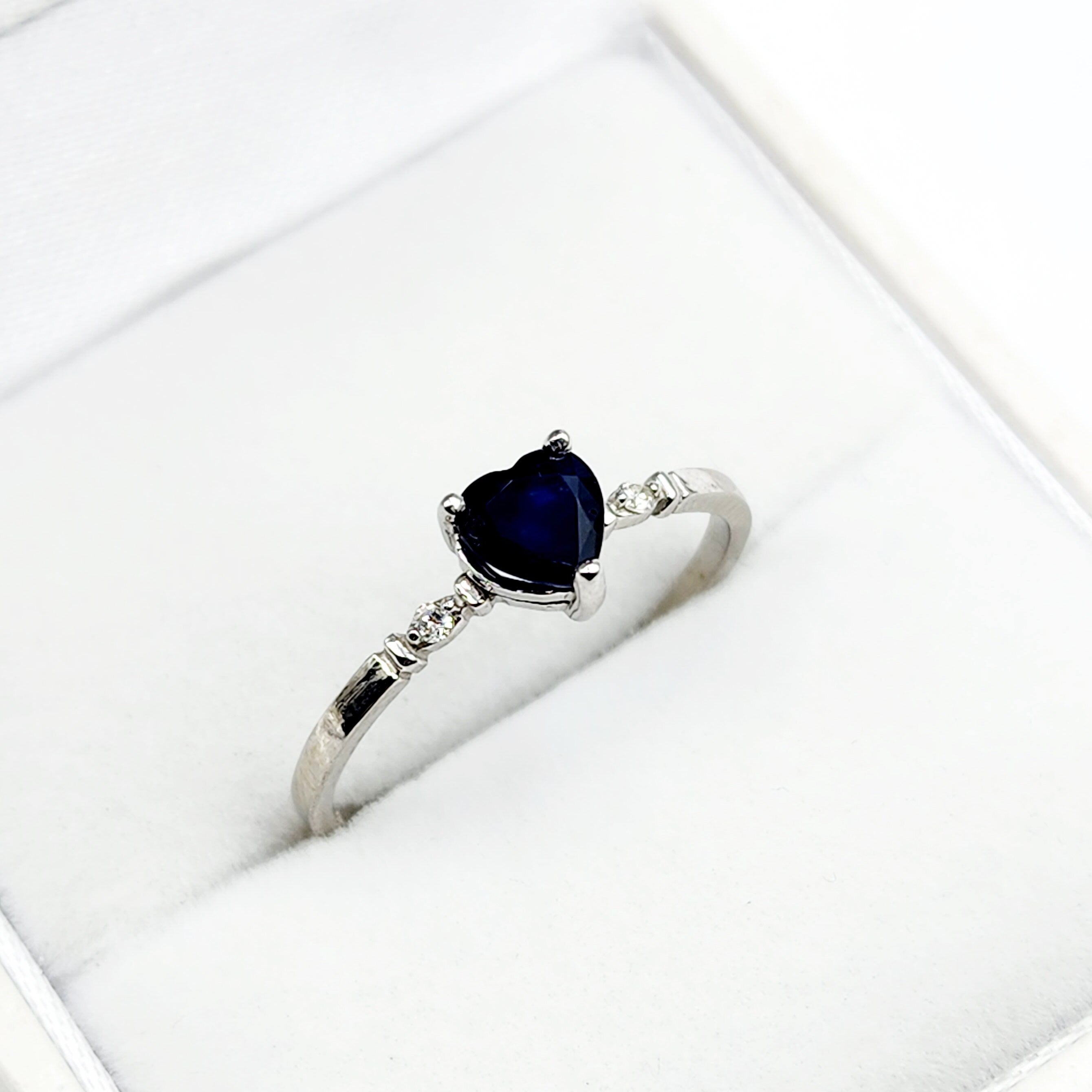Gold Blue Sapphire Ring, 10K White Gold Heart Shape Natural Blue Sapphire With Diamond Ring, September Birthstone Ring for Women