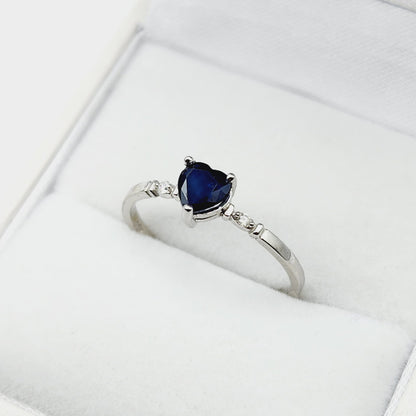 Gold Blue Sapphire Ring, 10K White Gold Heart Shape Natural Blue Sapphire With Diamond Ring, September Birthstone Ring for Women