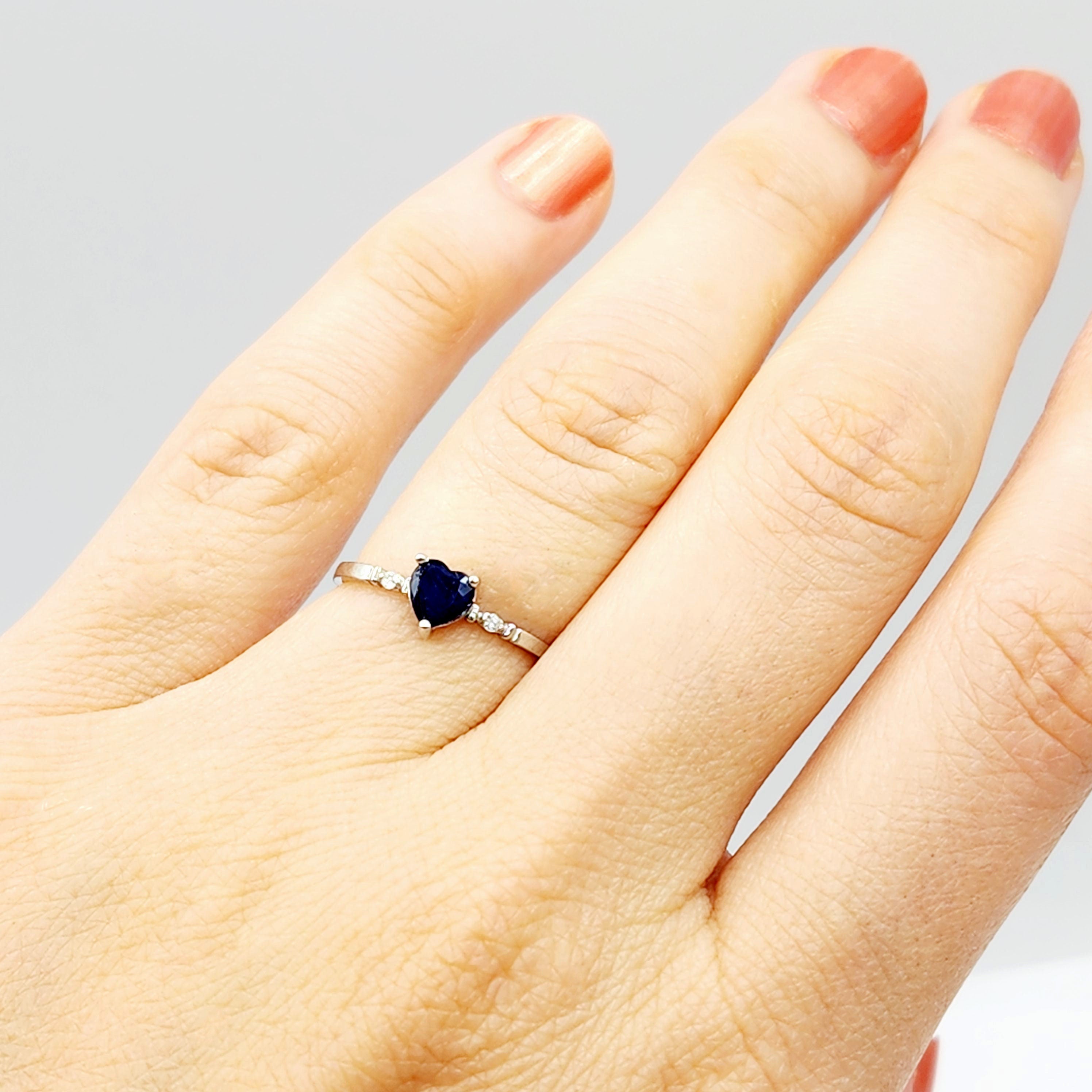 Gold Blue Sapphire Ring, 10K White Gold Heart Shape Natural Blue Sapphire With Diamond Ring, September Birthstone Ring for Women