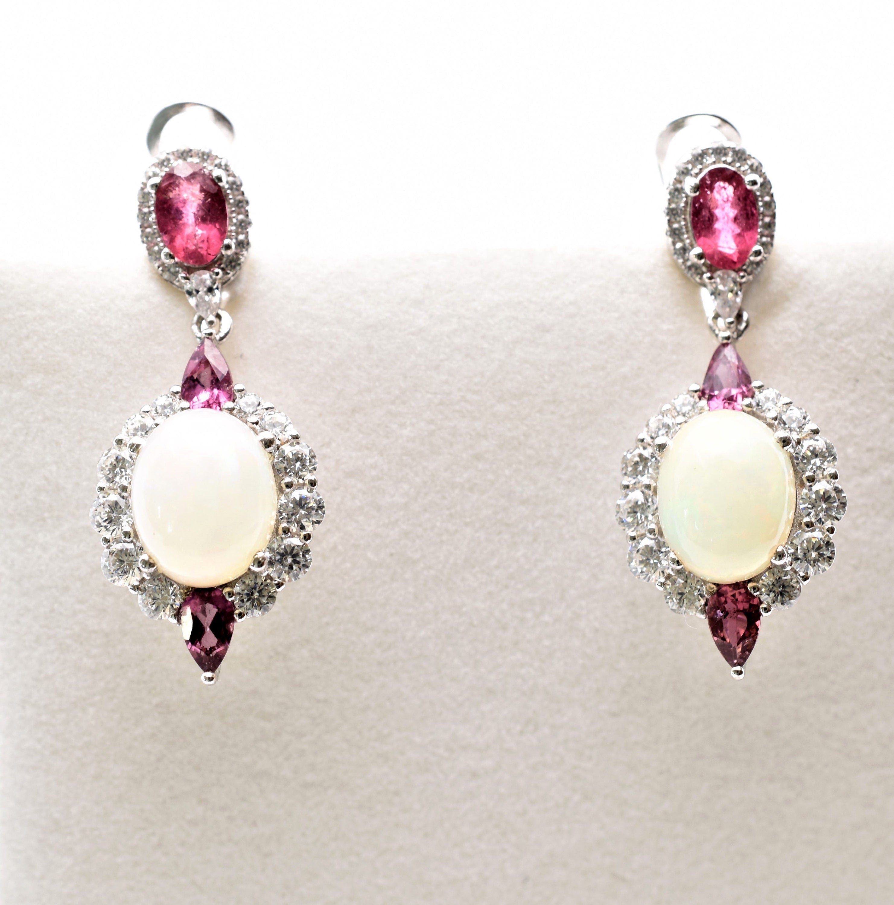 Silver Natural Opal and Tourmaline Drop Earrings, Fancy Drop Earrings with Natural Gemstone