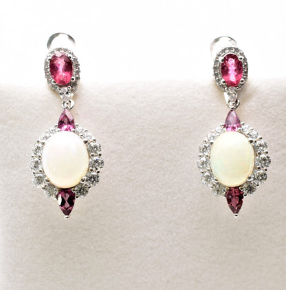 Silver Natural Opal and Tourmaline Drop Earrings, Fancy Drop Earrings with Natural Gemstone