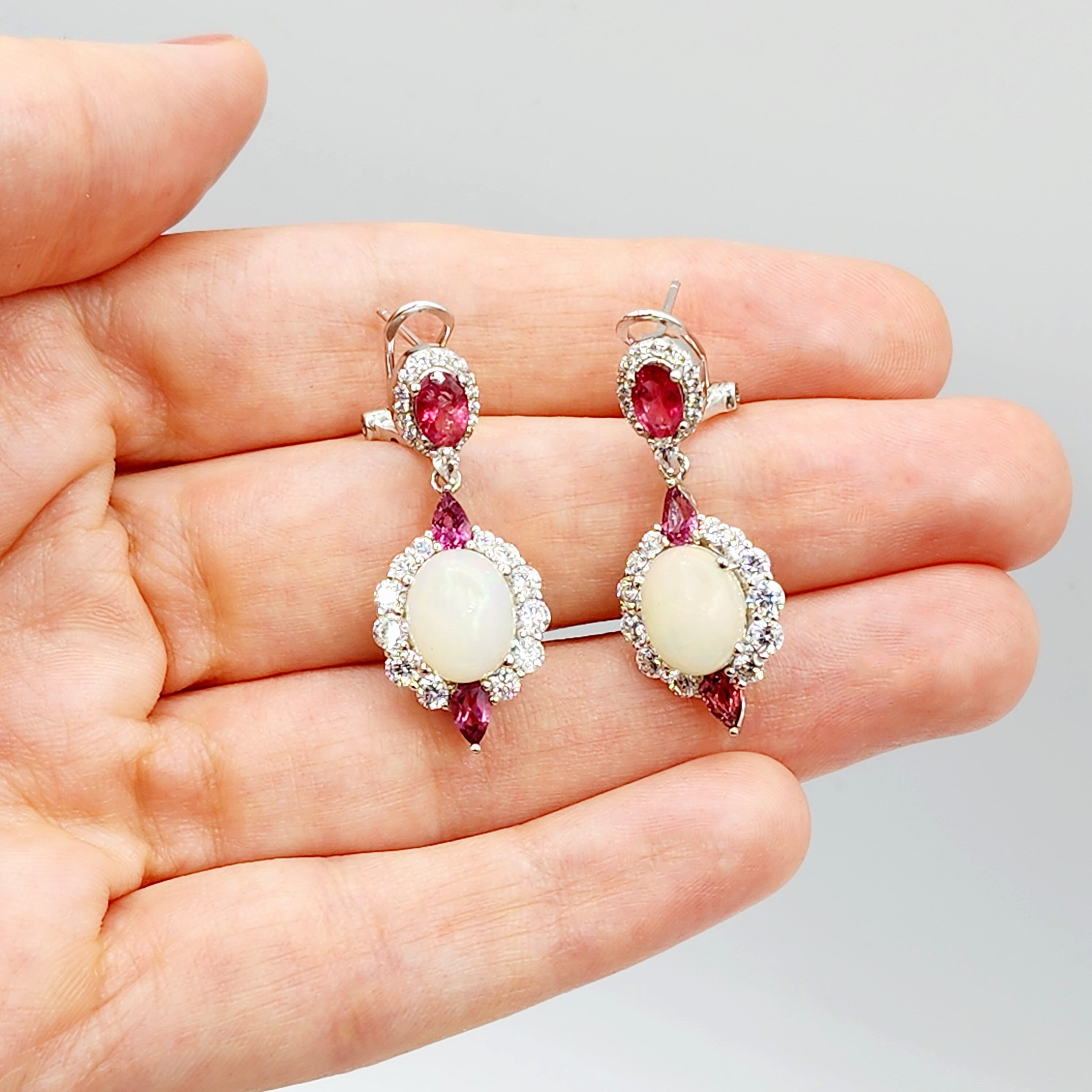 Silver Natural Opal and Tourmaline Drop Earrings, Fancy Drop Earrings with Natural Gemstone