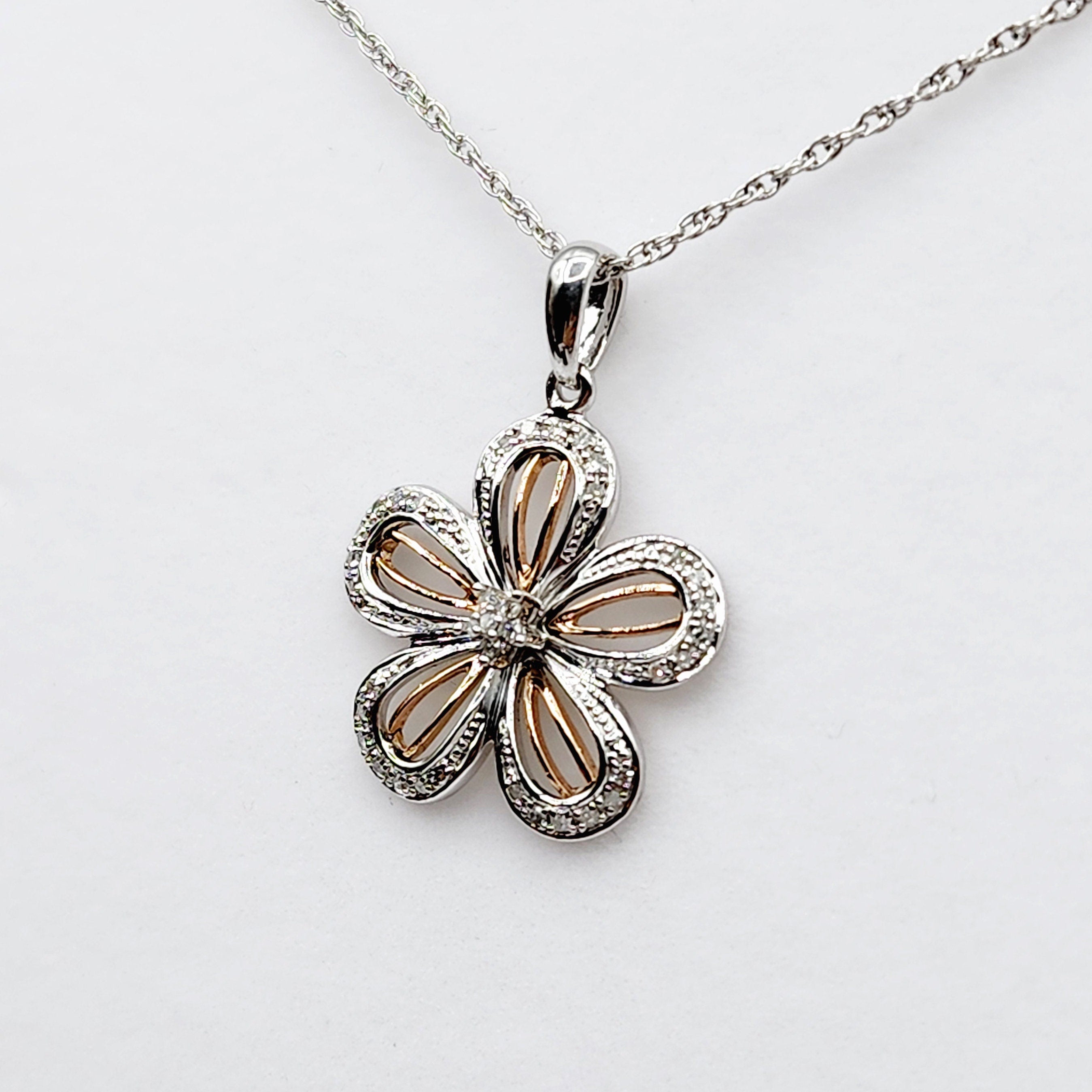 Sterling Silver Diamond Flower Necklace | 925 Silver Natural Diamond Flower Pendant with Chain, Floral Diamond Necklace, Gift For Women