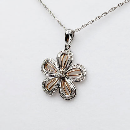 Sterling Silver Diamond Flower Necklace | 925 Silver Natural Diamond Flower Pendant with Chain, Floral Diamond Necklace, Gift For Women