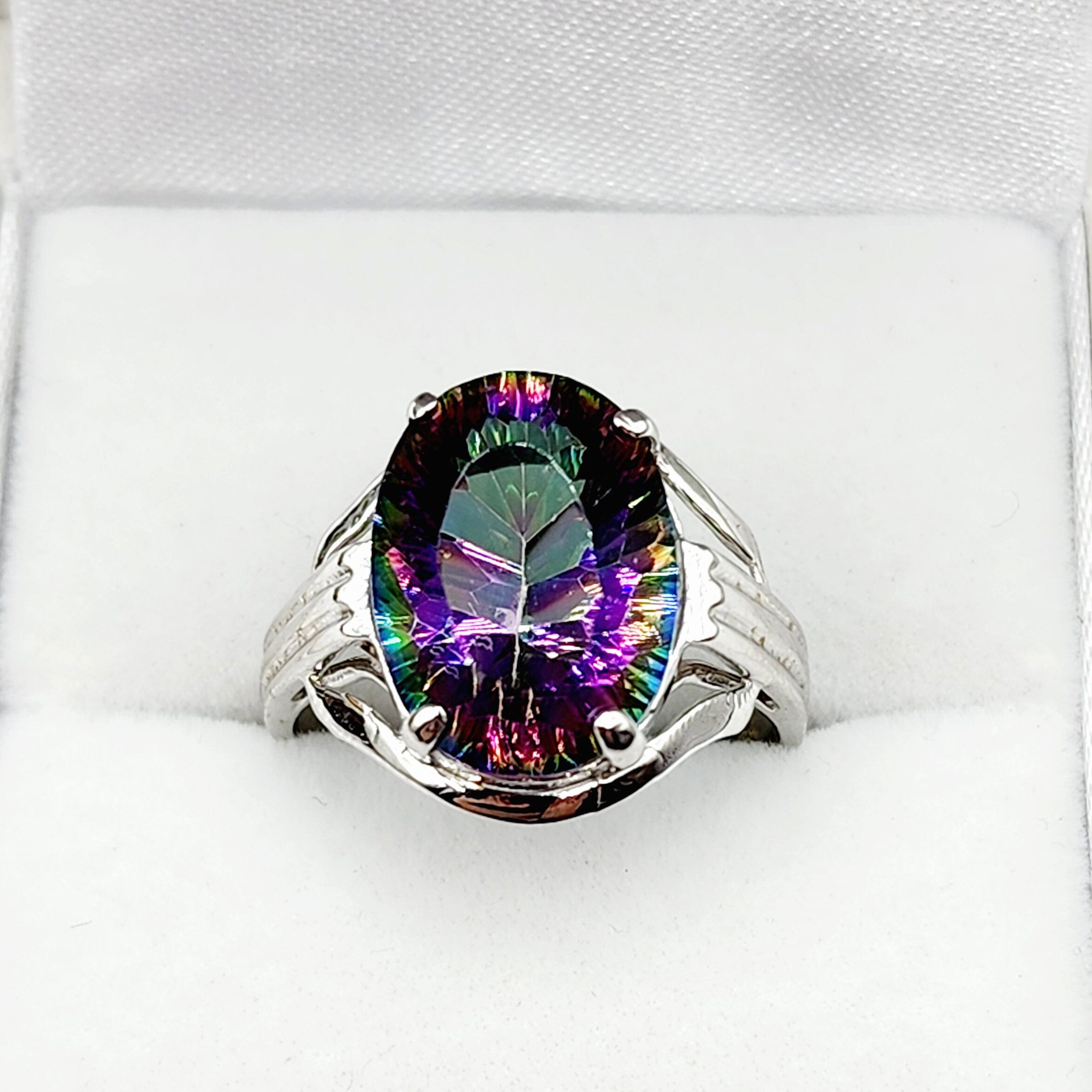 10K White Gold Mystic Quartz 14x10 Ring, Big Gemstone Rings For Women , Natural Multicolor Gemstone Rings For Her, Gift For Women