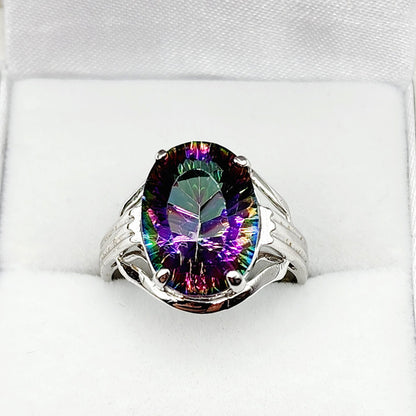 10K White Gold Mystic Quartz 14x10 Ring, Big Gemstone Rings For Women , Natural Multicolor Gemstone Rings For Her, Gift For Women