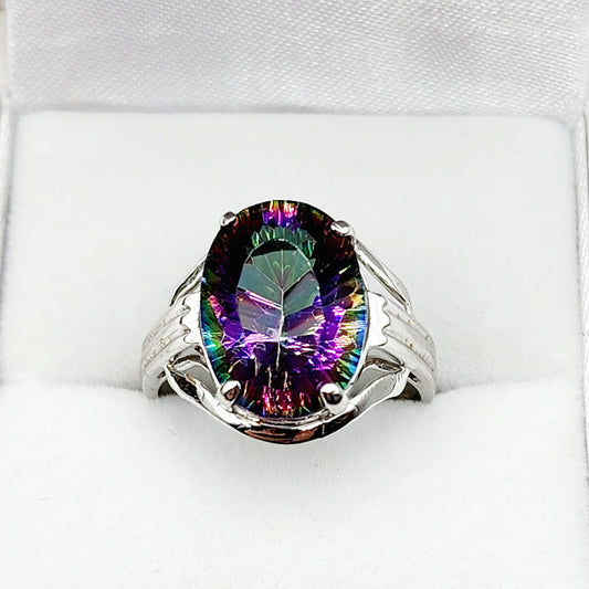 10K White Gold Mystic Quartz 14x10 Ring, Big Gemstone Rings For Women , Natural Multicolor Gemstone Rings For Her, Gift For Women