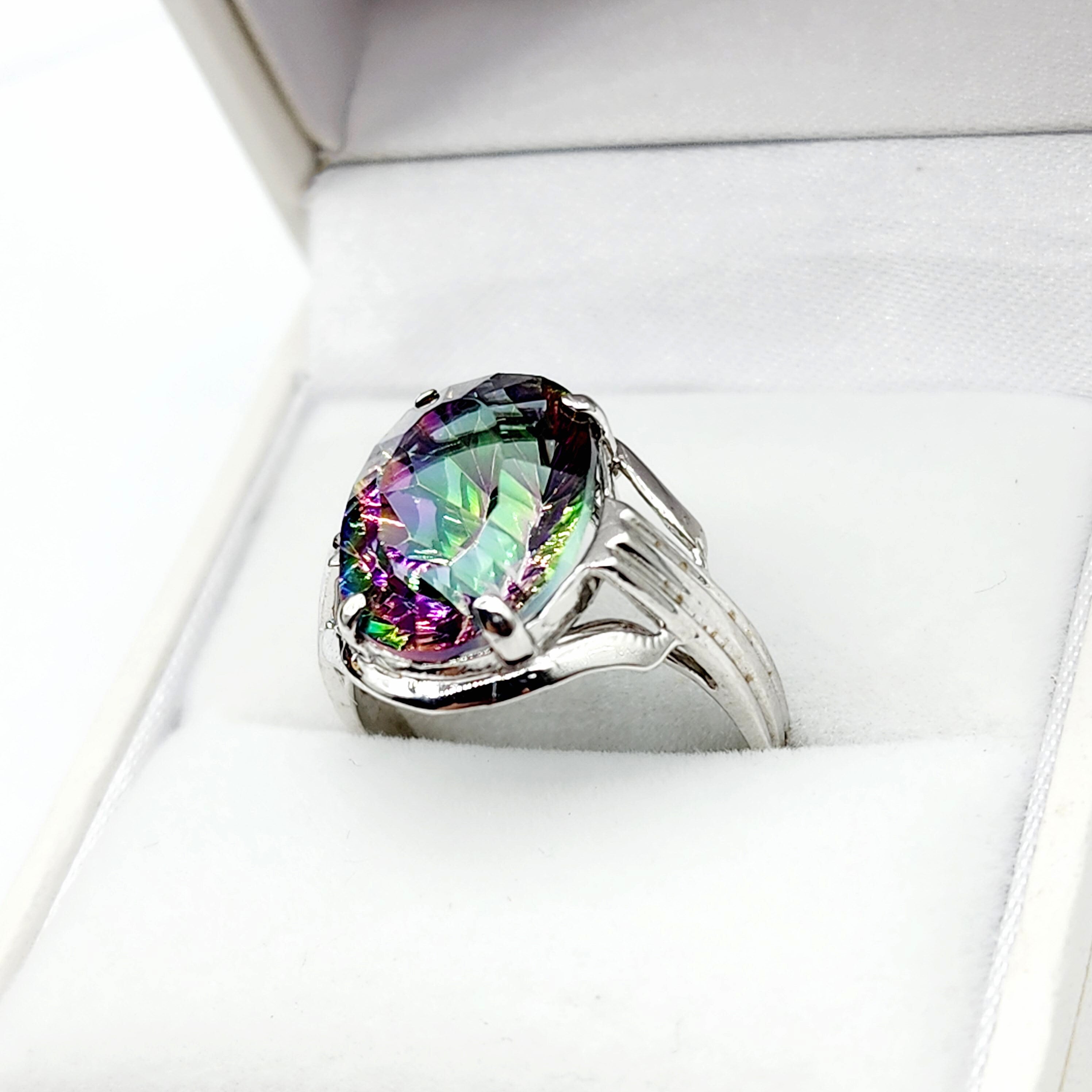 10K White Gold Mystic Quartz 14x10 Ring, Big Gemstone Rings For Women , Natural Multicolor Gemstone Rings For Her, Gift For Women