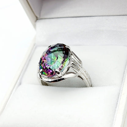 10K White Gold Mystic Quartz 14x10 Ring, Big Gemstone Rings For Women , Natural Multicolor Gemstone Rings For Her, Gift For Women