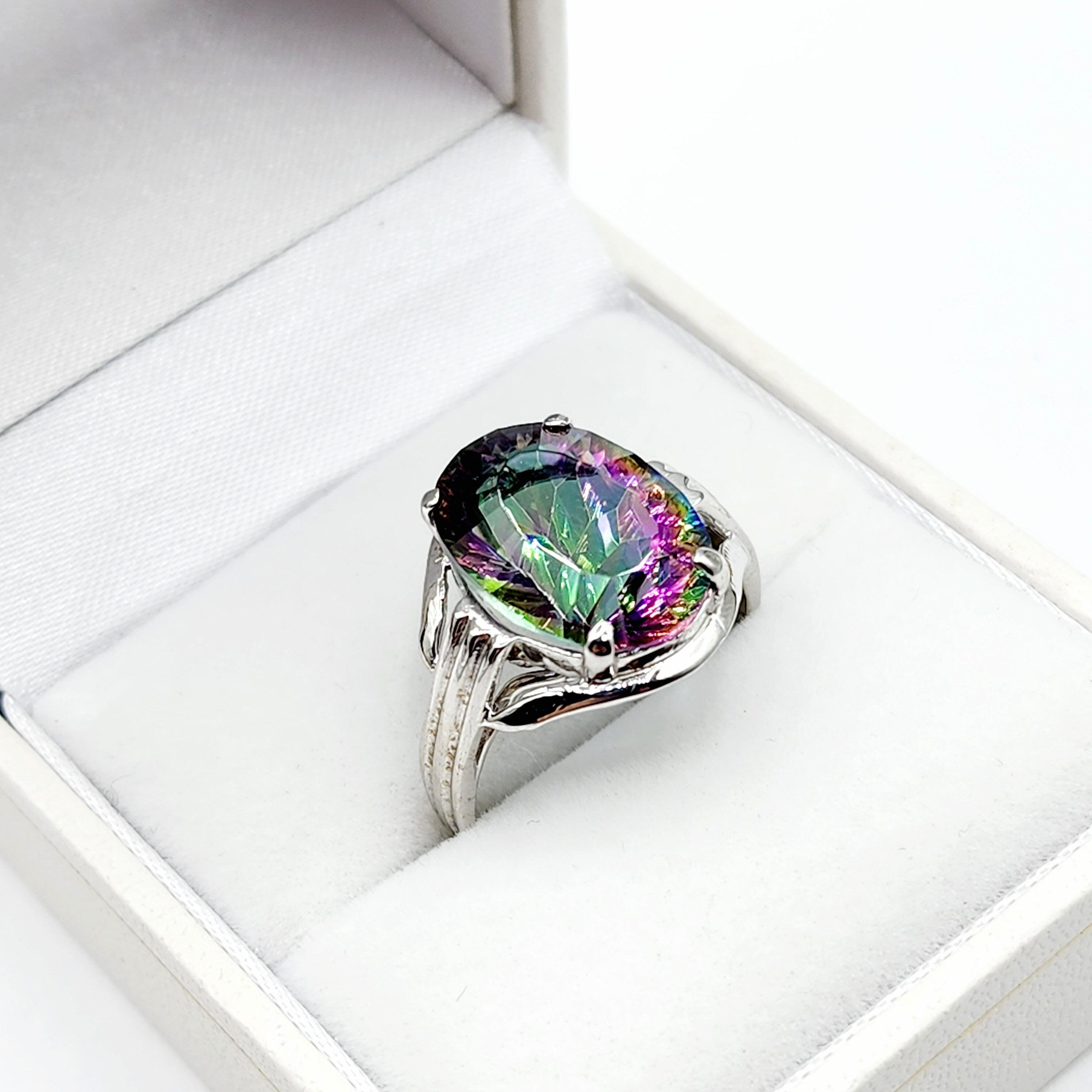 10K White Gold Mystic Quartz 14x10 Ring, Big Gemstone Rings For Women , Natural Multicolor Gemstone Rings For Her, Gift For Women