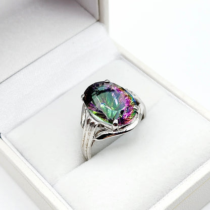 10K White Gold Mystic Quartz 14x10 Ring, Big Gemstone Rings For Women , Natural Multicolor Gemstone Rings For Her, Gift For Women
