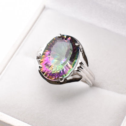 10K White Gold Mystic Quartz 14x10 Ring, Big Gemstone Rings For Women , Natural Multicolor Gemstone Rings For Her, Gift For Women