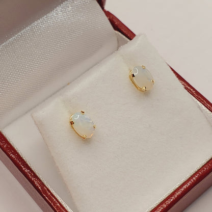 Gold Opal Stud Earrings , 10K Yellow Gold Genuine Opal 6x4mm Stud Earrings, October Birthstone, Handmade Earrings, Fire White Opal Earrings