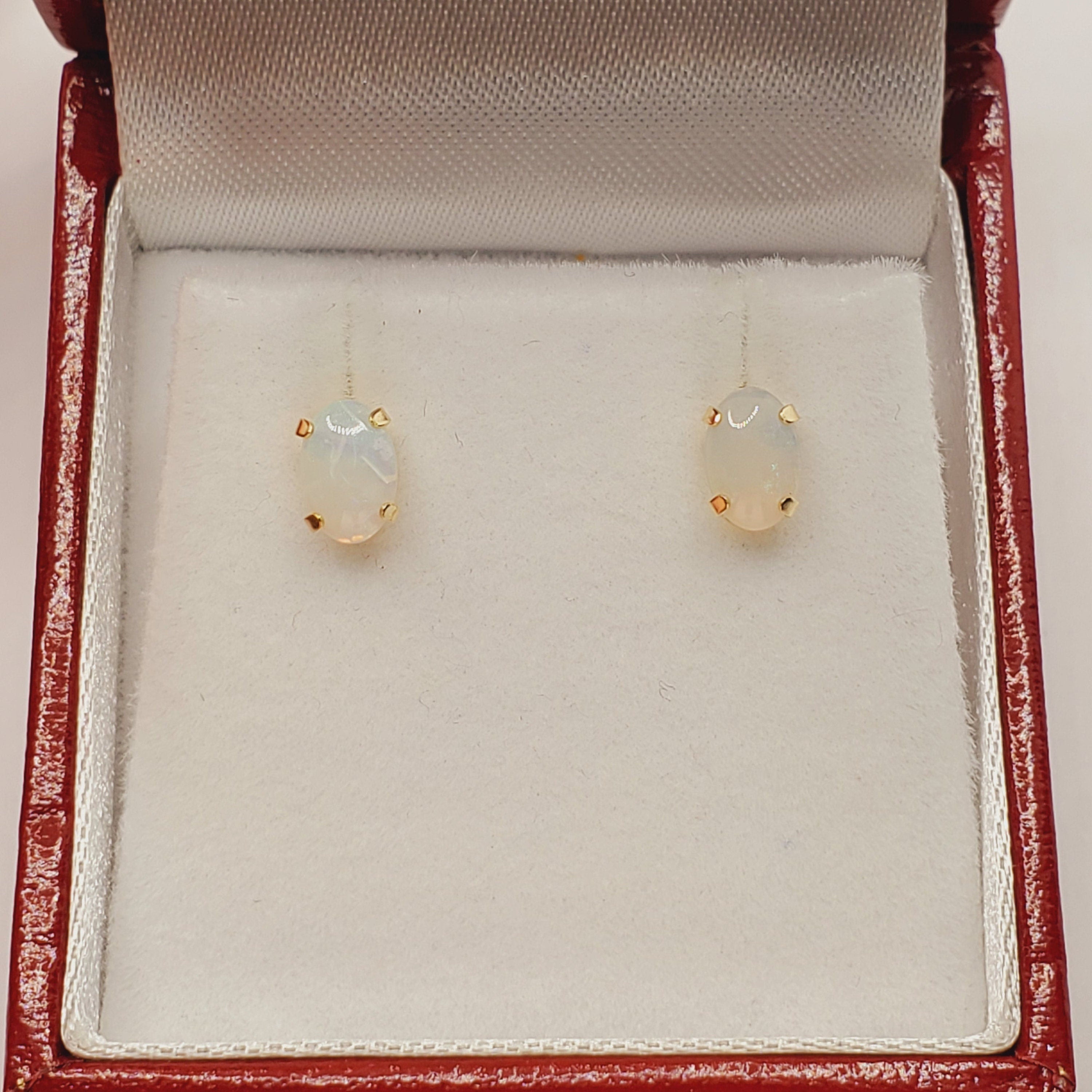 Gold Opal Stud Earrings , 10K Yellow Gold Genuine Opal 6x4mm Stud Earrings, October Birthstone, Handmade Earrings, Fire White Opal Earrings