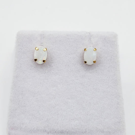 Gold Opal Stud Earrings , 10K Yellow Gold Genuine Opal 6x4mm Stud Earrings, October Birthstone, Handmade Earrings, Fire White Opal Earrings