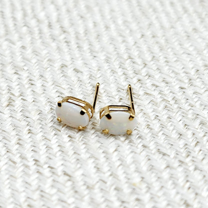 Gold Opal Stud Earrings , 10K Yellow Gold Genuine Opal 6x4mm Stud Earrings, October Birthstone, Handmade Earrings, Fire White Opal Earrings