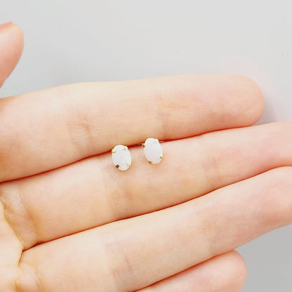 Gold Opal Stud Earrings , 10K Yellow Gold Genuine Opal 6x4mm Stud Earrings, October Birthstone, Handmade Earrings, Fire White Opal Earrings