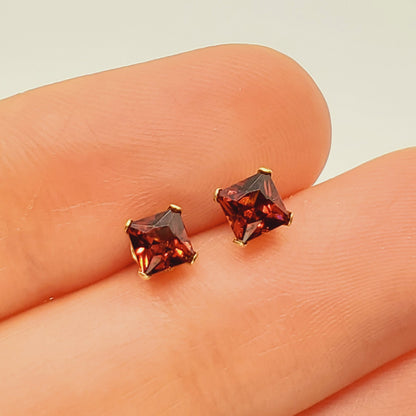 14K Solid Gold Genuine Square Garnet Earrings, January Birthstone, Gift for Her, 14K Gold Garnet Jewelry, 4x4mm January Birthstone Studs