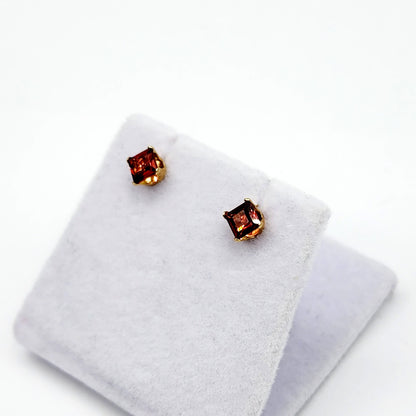 14K Gold Square Garnet Stud Earrings, January Birthstone 4x4mm