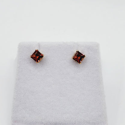 14K Solid Gold Genuine Square Garnet Earrings, January Birthstone, Gift for Her, 14K Gold Garnet Jewelry, 4x4mm January Birthstone Studs