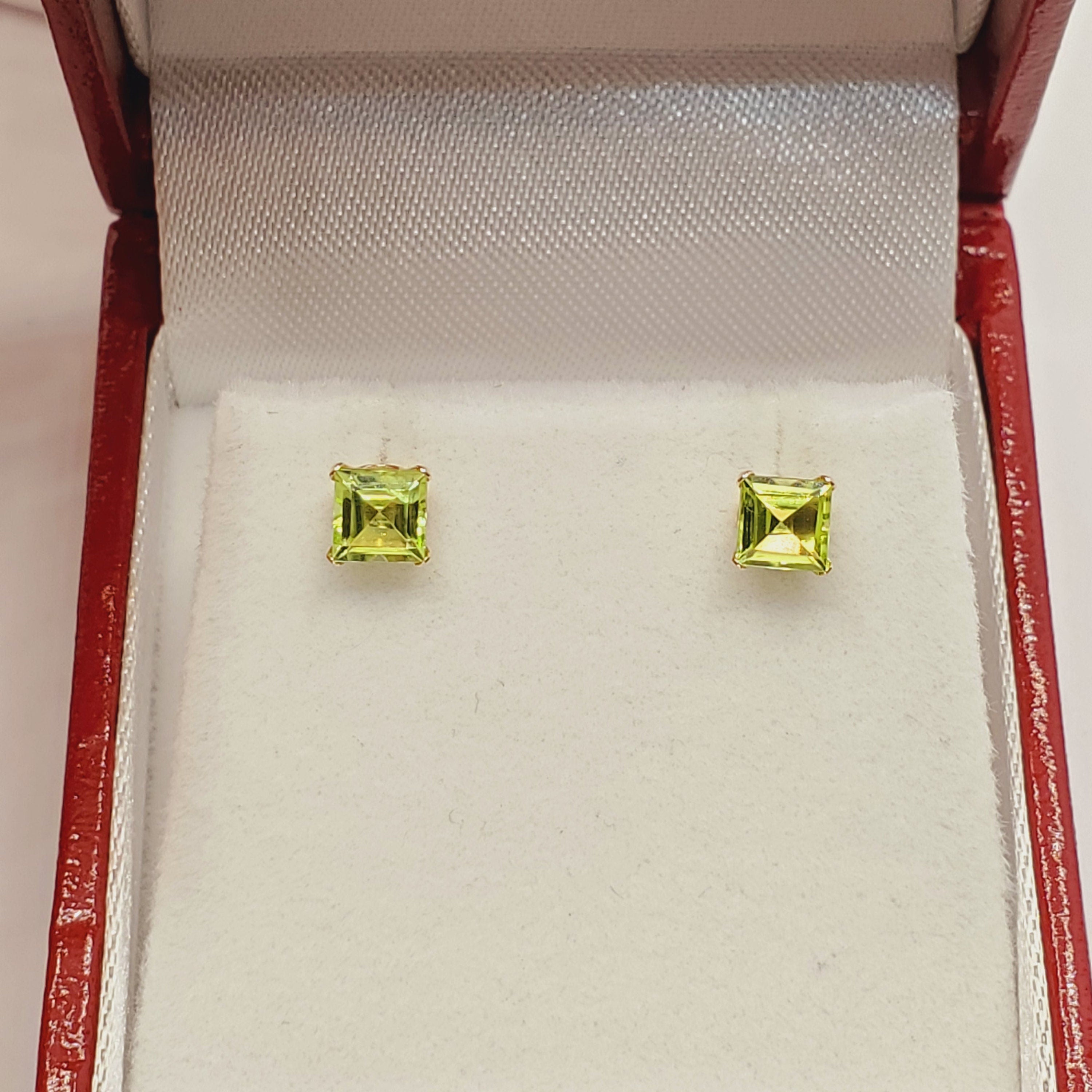 Gold Peridot Stud Earrings, 10K Gold Square Peridot 4mm Stud Earrings, August birthstone, Earrings For Her, Peridot jewelry, Gifts