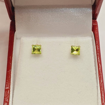 Gold Peridot Stud Earrings, 10K Gold Square Peridot 4mm Stud Earrings, August birthstone, Earrings For Her, Peridot jewelry, Gifts