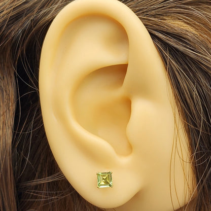 10K Yellow Gold Square Peridot Stud Earrings, August Birthstone 4x4mm
