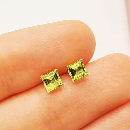 Gold Peridot Stud Earrings, 10K Gold Square Peridot 4mm Stud Earrings, August birthstone, Earrings For Her, Peridot jewelry, Gifts