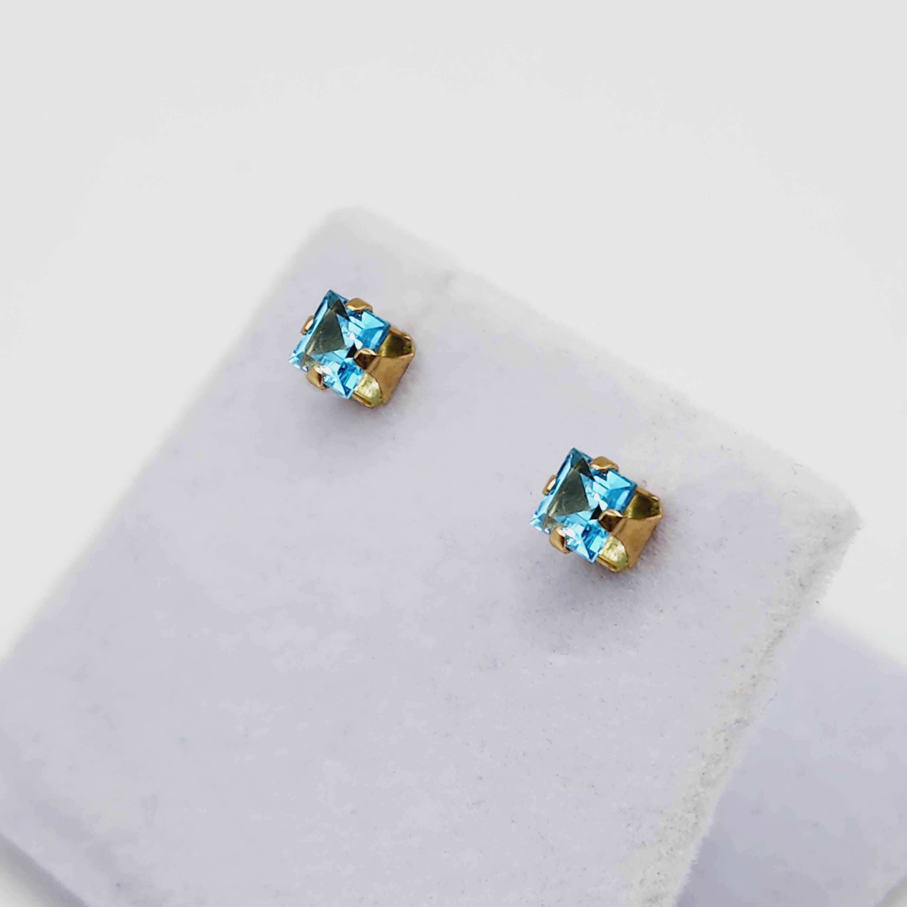 Gold Blue Topaz Earrings, 10K Yellow Gold Genuine Square Blue Topaz 4x4mm Stud Earrings, December Birthstone, Blue Gemstone Jewelry For Her
