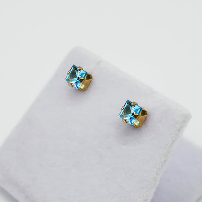 Gold Blue Topaz Earrings, 10K Yellow Gold Genuine Square Blue Topaz 4x4mm Stud Earrings, December Birthstone, Blue Gemstone Jewelry For Her