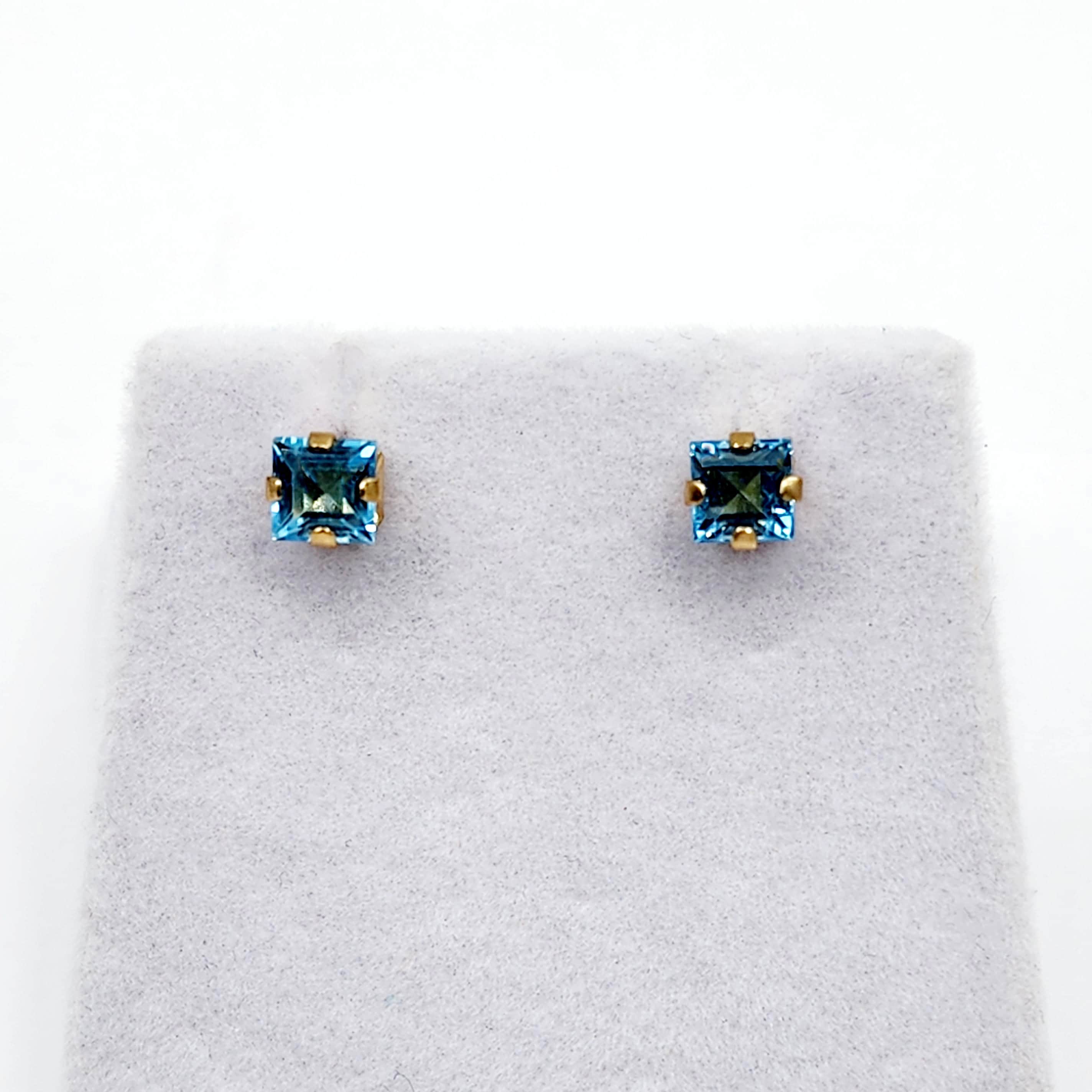 Gold Blue Topaz Earrings, 10K Yellow Gold Genuine Square Blue Topaz 4x4mm Stud Earrings, December Birthstone, Blue Gemstone Jewelry For Her