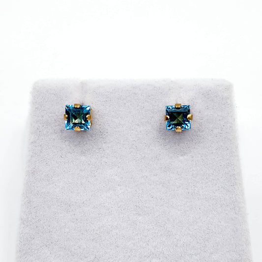 Gold Blue Topaz Earrings, 10K Yellow Gold Genuine Square Blue Topaz 4x4mm Stud Earrings, December Birthstone, Blue Gemstone Jewelry For Her